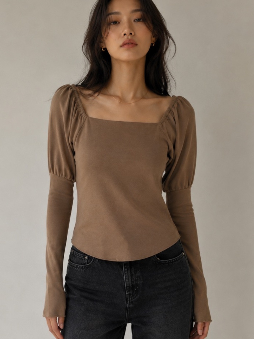 Moussy Square Neck Puff Sleeve Top Brown Elastic Shoulder Fitted Long Sleeve